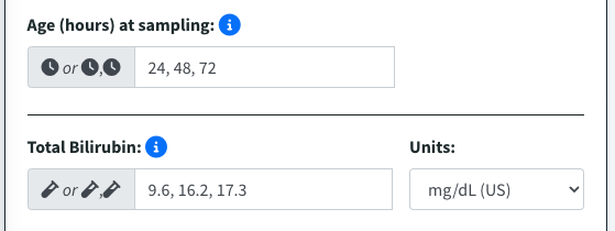 A portion of the BiliTool entry page showing the option of entering single or sequential data for newborn hours of age and bilirubin values.